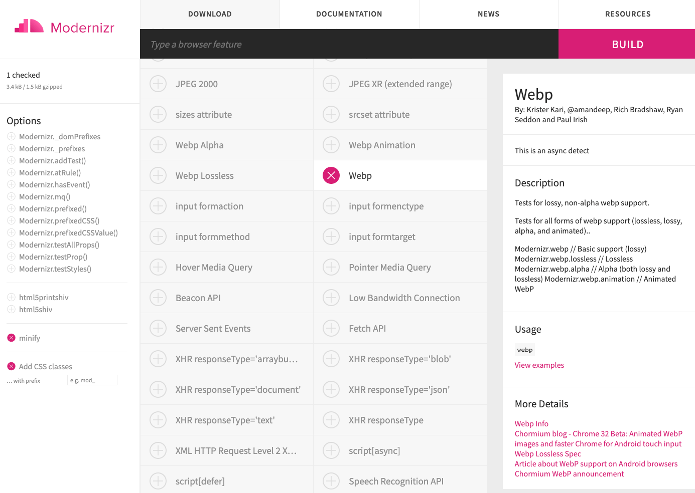 Modernizr select features