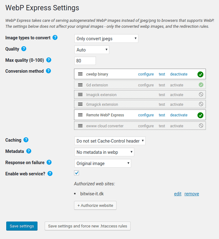 WebP Express settings in Wordpress